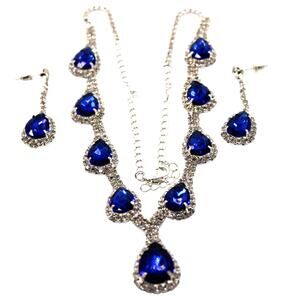 Faux Sapphire Necklace Earrings Set • Blue & Clear Crystal Prong-Set Stones